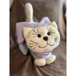 Vintage Stuffed CAT Door Stop Decor Doll Floral Fabric Velveteen Large CLEAN SEE